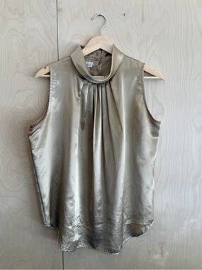 Vintage Sleeveless Mock-Neck Satin Tank Top in Metallic Gold